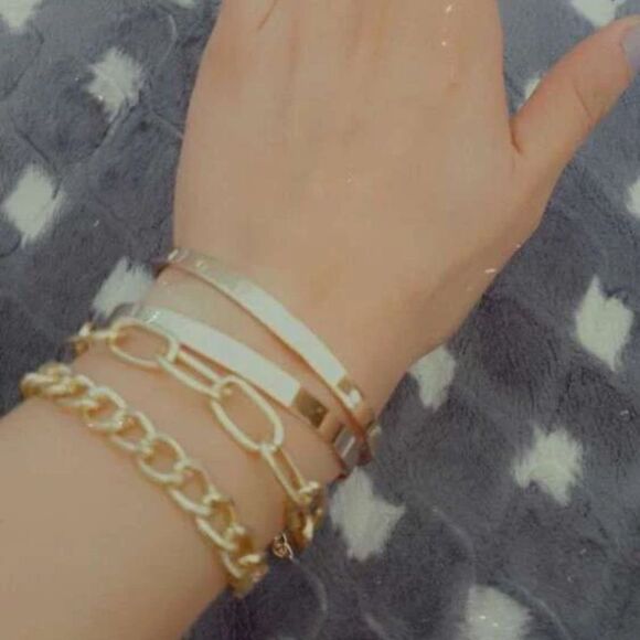 Unisex LOVE Men Women Gold Over Silver Chunky Gold Link Bangle Set - Picture 8 of 13